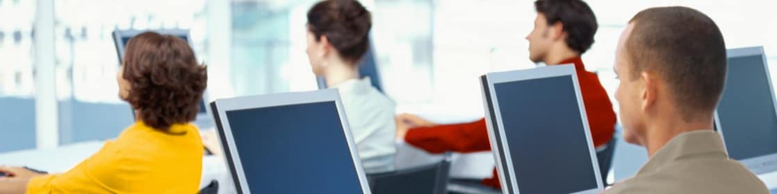 Employees using computers in an office