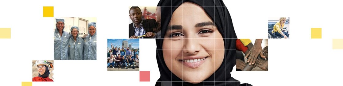 Female wearing a black hijab, with a mosaic of images surrounding her.