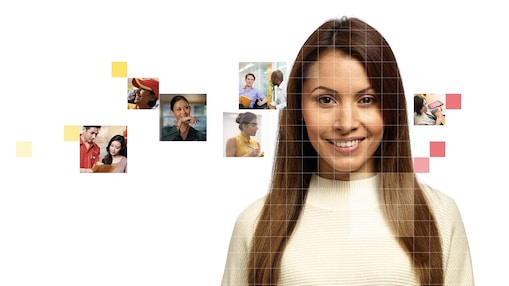 Female with long brown hair wearing a white top, with a mosaic of images surrounding her. 