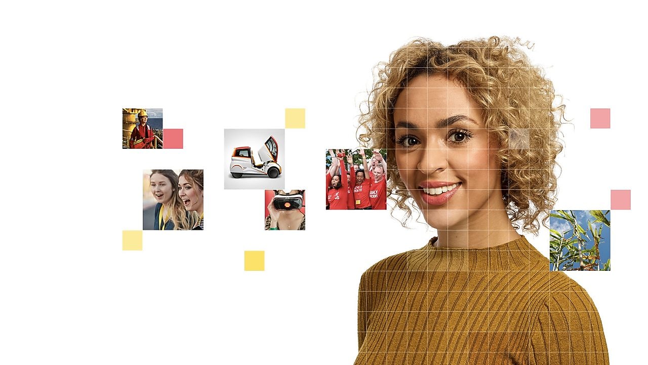 Female with short curly blonde hear wearing a light brown top, with a mosaic of images surrounding her.