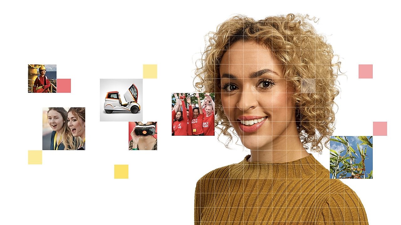 Female with short curly blonde hear wearing a light brown top, with a mosaic of images surrounding her.