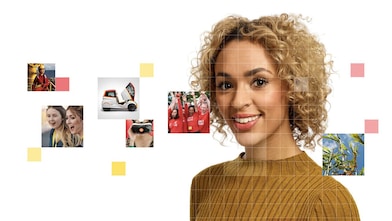 Female with short curly blonde hear wearing a light brown top, with a mosaic of images surrounding her.