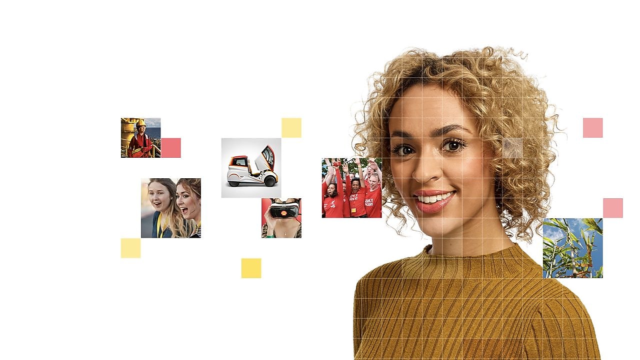 Female with short curly blonde hear wearing a light brown top, with a mosaic of images surrounding her.
