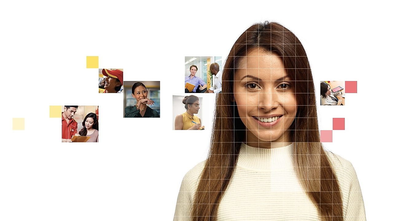 Female with long brown hair wearing a white top, with a mosaic of images surrounding her. 