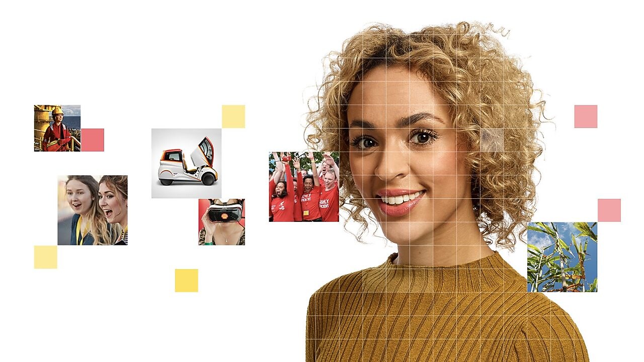 Female with short curly blonde hear wearing a light brown top, with a mosaic of images surrounding her.