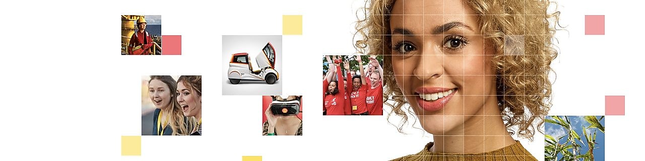 Female with short curly blonde hear wearing a light brown top, with a mosaic of images surrounding her.