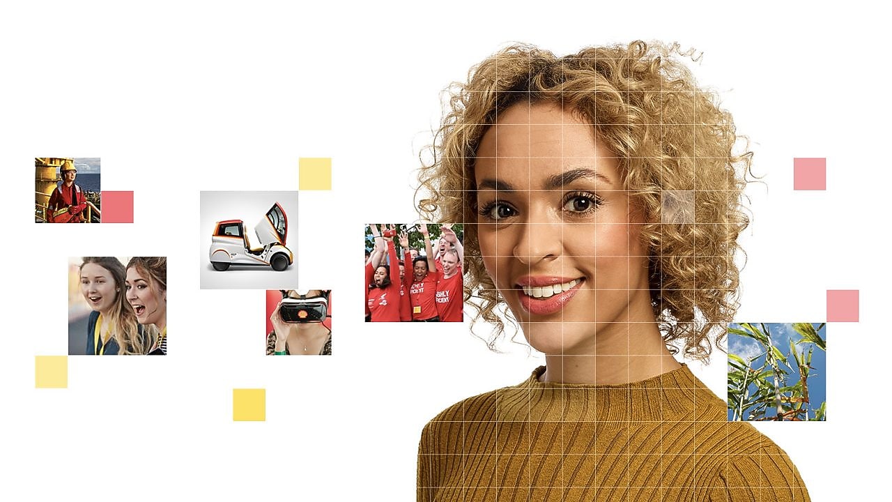 Female with short curly blonde hear wearing a light brown top, with a mosaic of images surrounding her.