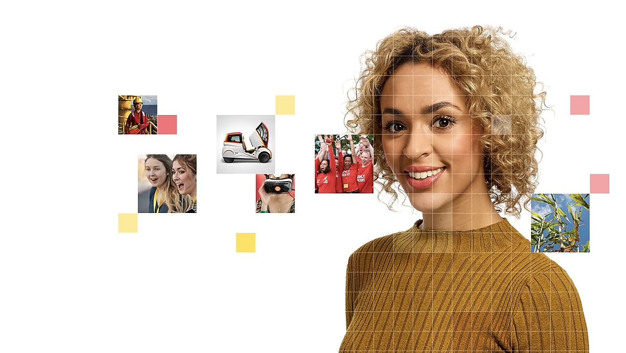 Female with short curly blonde hear wearing a light brown top, with a mosaic of images surrounding her.