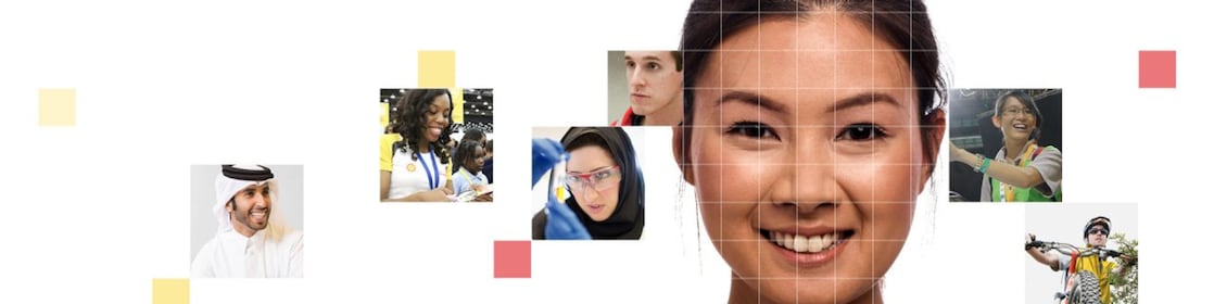 Young Asian female wearing a pink top, with a mosaic of images surrounding her.