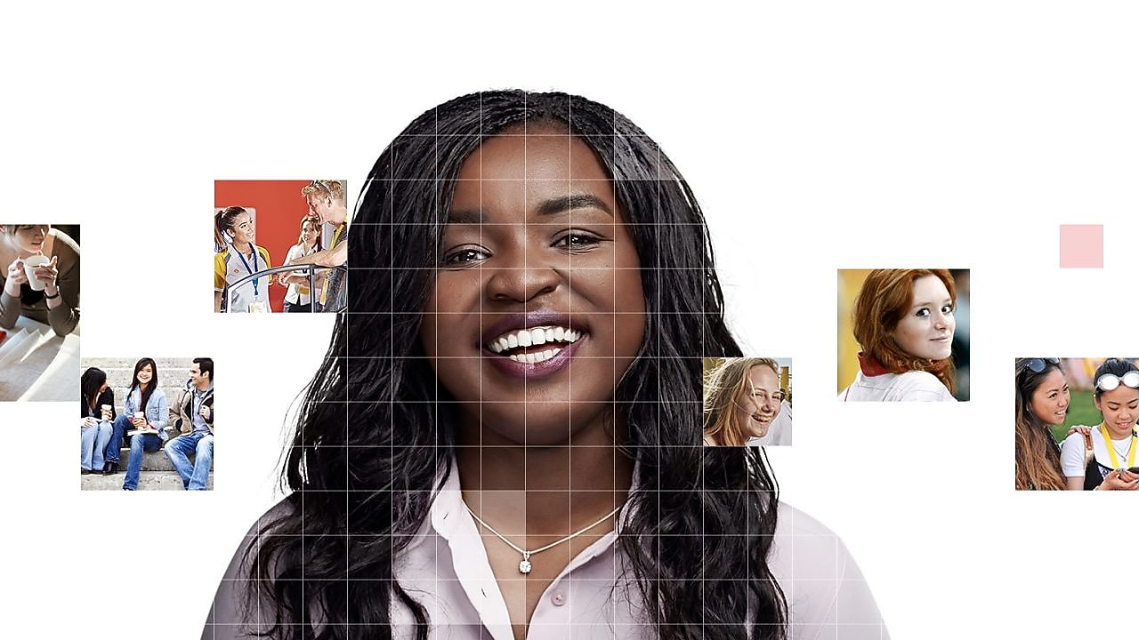 African American female with long black hair, with a mosaic of images surrounding her.