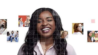 African American female with long black hair, with a mosaic of images surrounding her.