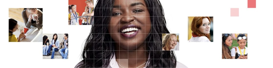 African American female with long black hair, with a mosaic of images surrounding her.