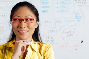 Close up of Asian businesswoman smiling in front of whiteboard