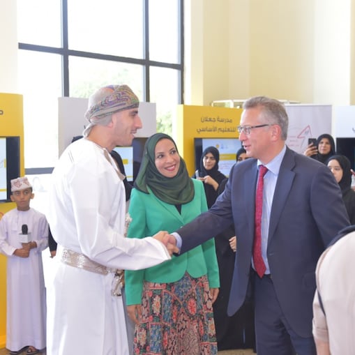 H.H Sayyid Kamil bin Fahd bin Mahmoud Al Said attending the student presentations